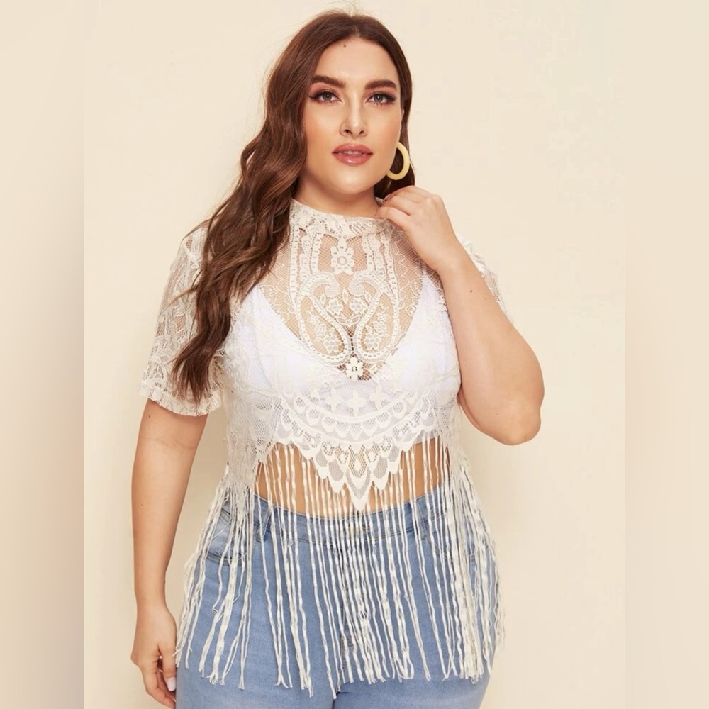 SHEIN mock neck fringe sheer lace